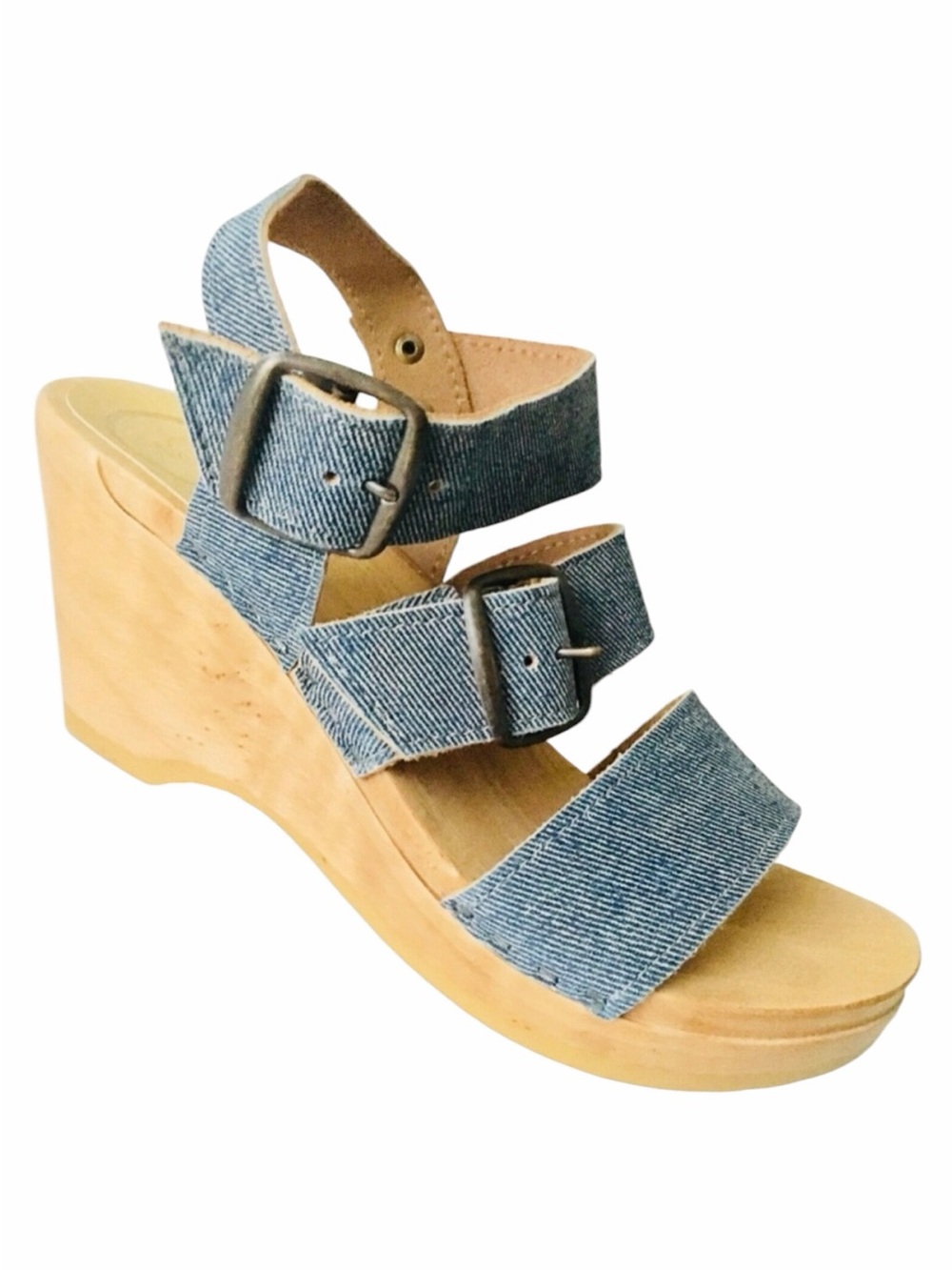 RARE No. 6 Three Strap Denim Blue Clog Sandals